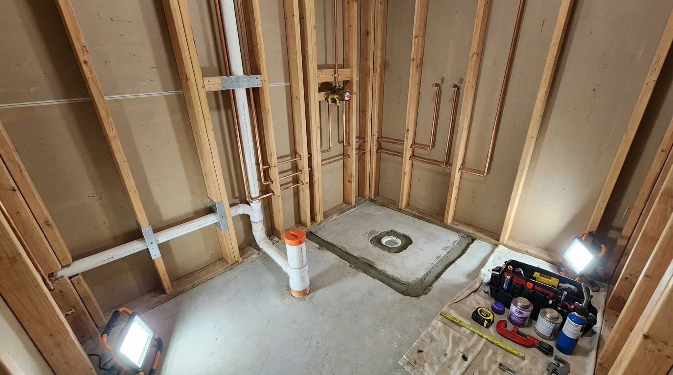 Bathroom rough-in plumbing during remodel by Johns Plumbing LLC in Pontiac