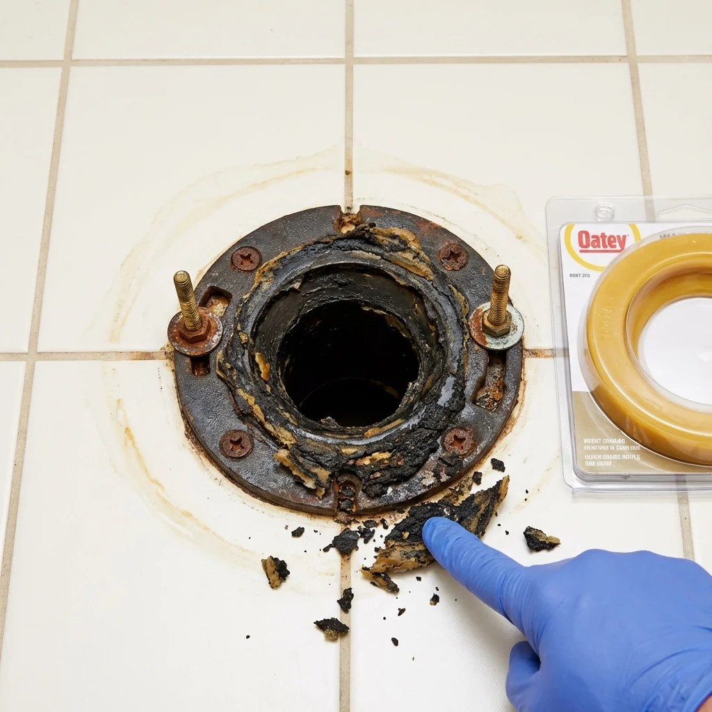 Failed wax ring showing water seepage at the base of a toilet in a Pontiac, MI home
