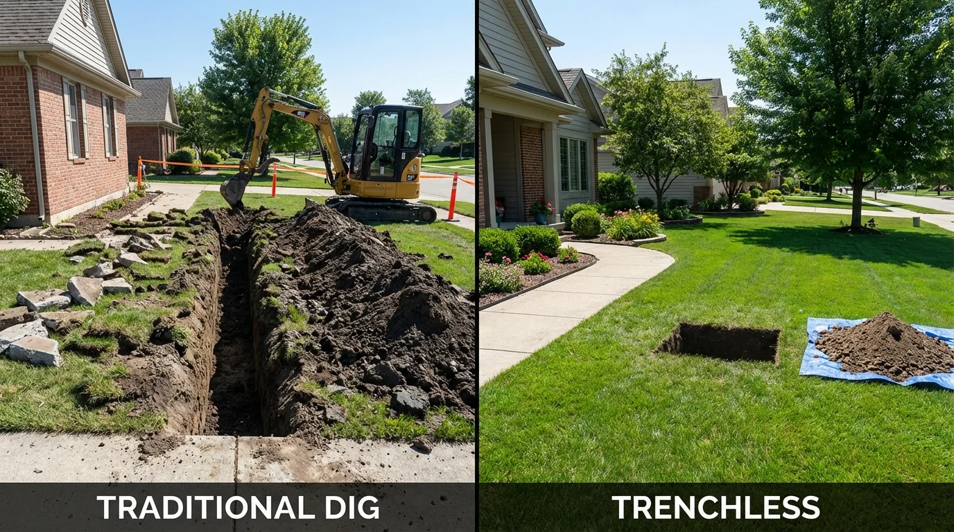 Trenchless sewer repair with minimal yard damage versus traditional excavation in Pontiac, MI