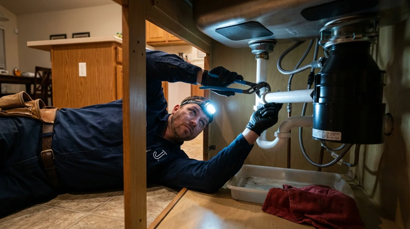 P-trap and supply line connections under a kitchen sink showing a common leak point in Pontiac, MI